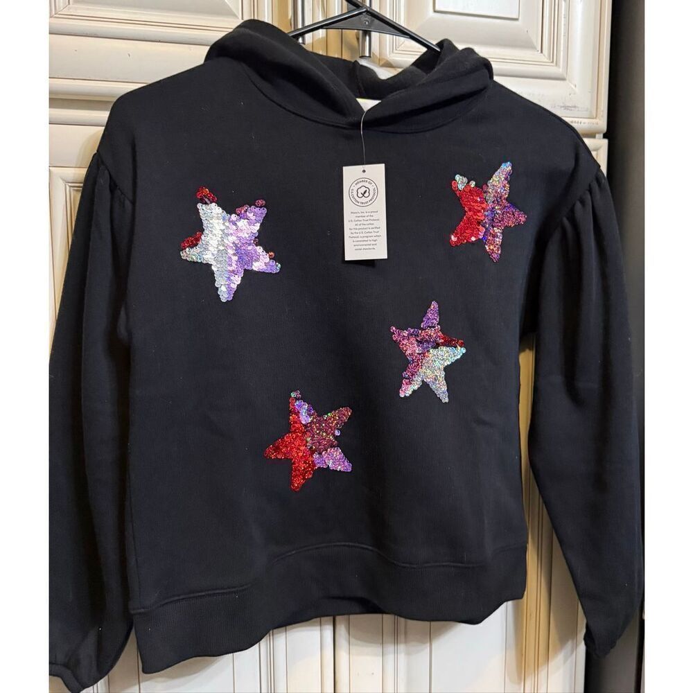 Epic Threads Girls Sequin Stars Hooded Pullover Sweatshirt Black Medium NWT